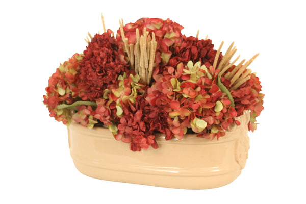 Distinctive Designs Home Decor Burgundy Green Hydrangeas Mixed With Dried Millet And Foliage In Beige Planter