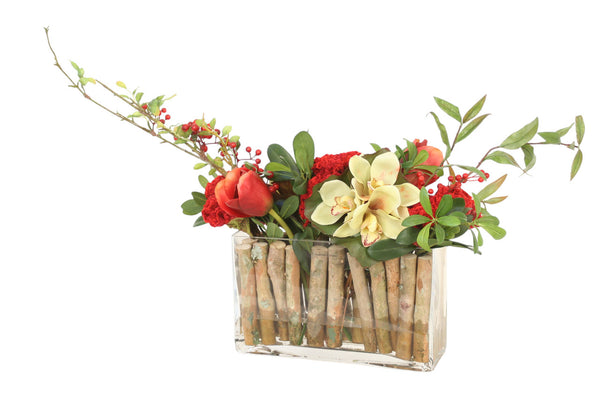 Distinctive Designs Home Decor Burgundy Tulips With Celosia, Berry Stems And Cymbidium In Rectangular Vase Lined With Wood