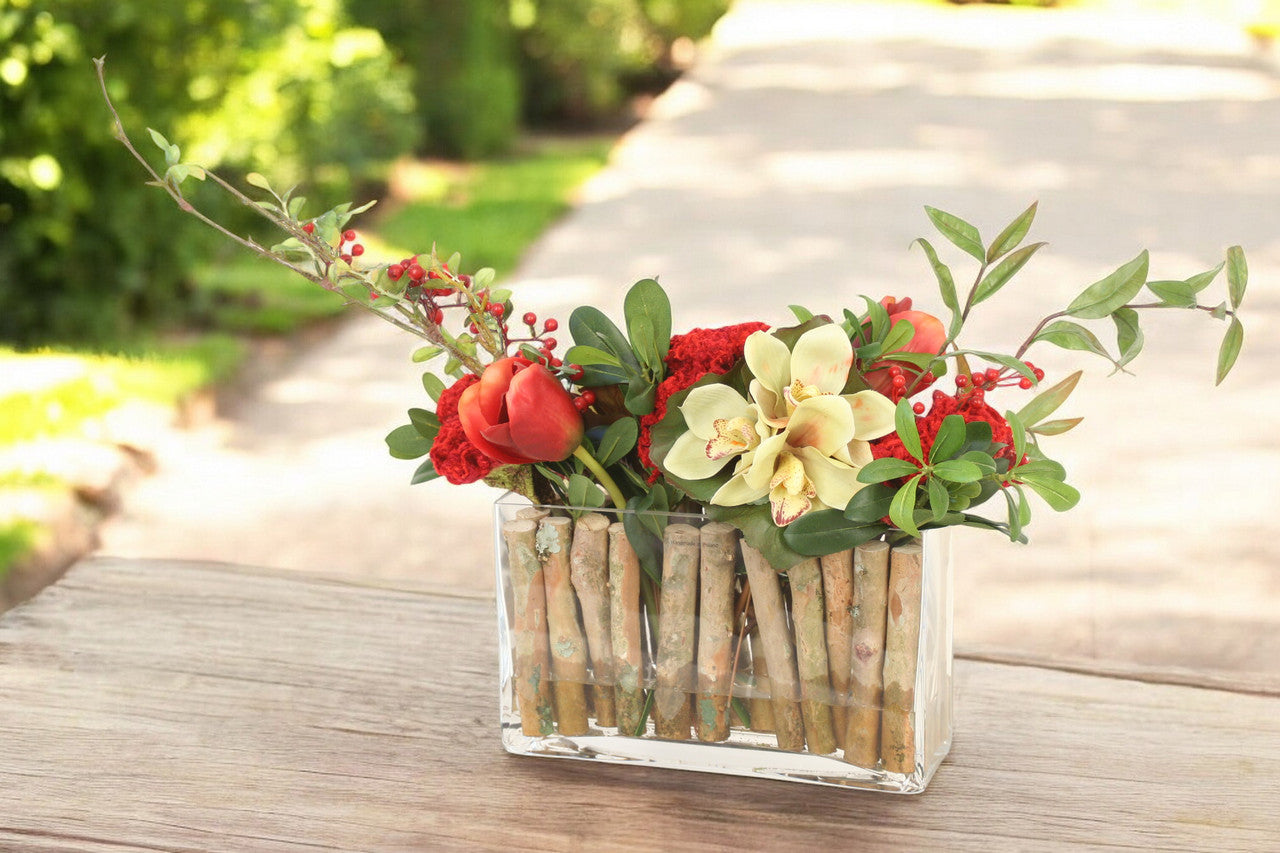 Distinctive Designs Home Decor Burgundy Tulips With Celosia, Berry Stems And Cymbidium In Rectangular Vase Lined With Wood