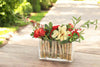 Distinctive Designs Home Decor Burgundy Tulips With Celosia, Berry Stems And Cymbidium In Rectangular Vase Lined With Wood