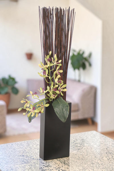 Distinctive Designs Home Decor Can Reeds and Vanda Orchids in Metal Vase