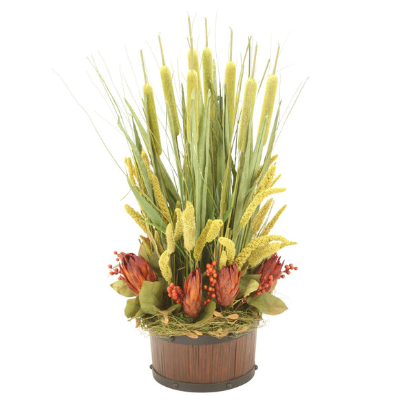 Distinctive Designs Home Decor Cattails And Repens With Millet And Grass In Round Planter