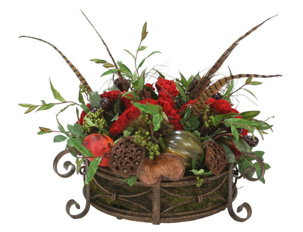 Distinctive Designs Home Decor Celosia With Mixed Berries, Fruit And Pods In Round Iron Planter