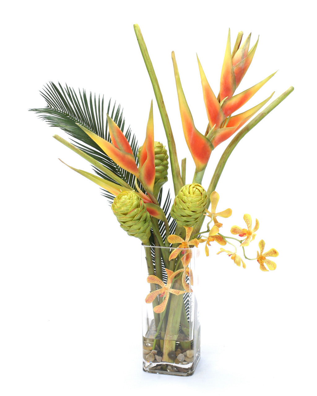 Distinctive Designs Home Decor Dark Orange Heliconia And Green Honeycomb Protea In Tall Square Glass Vase