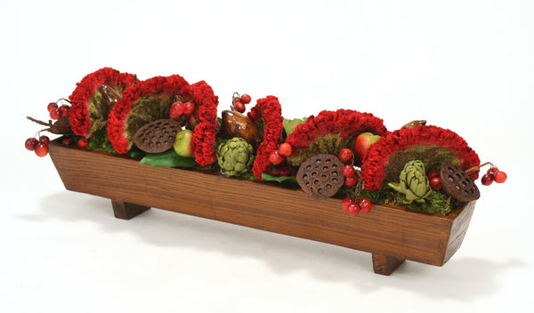 Distinctive Designs Home Decor Dark Red Celosia, Red Cherry Spray, Pear Spray With Lotus Pods In Rectangular Wood Planter