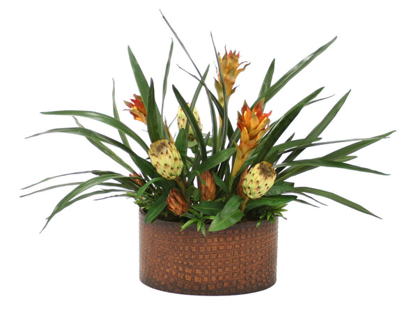 Distinctive Designs Home Decor Dried Cream Repens, Tan Proteas, Tropical Foliage In Kidney-Shaped Planter