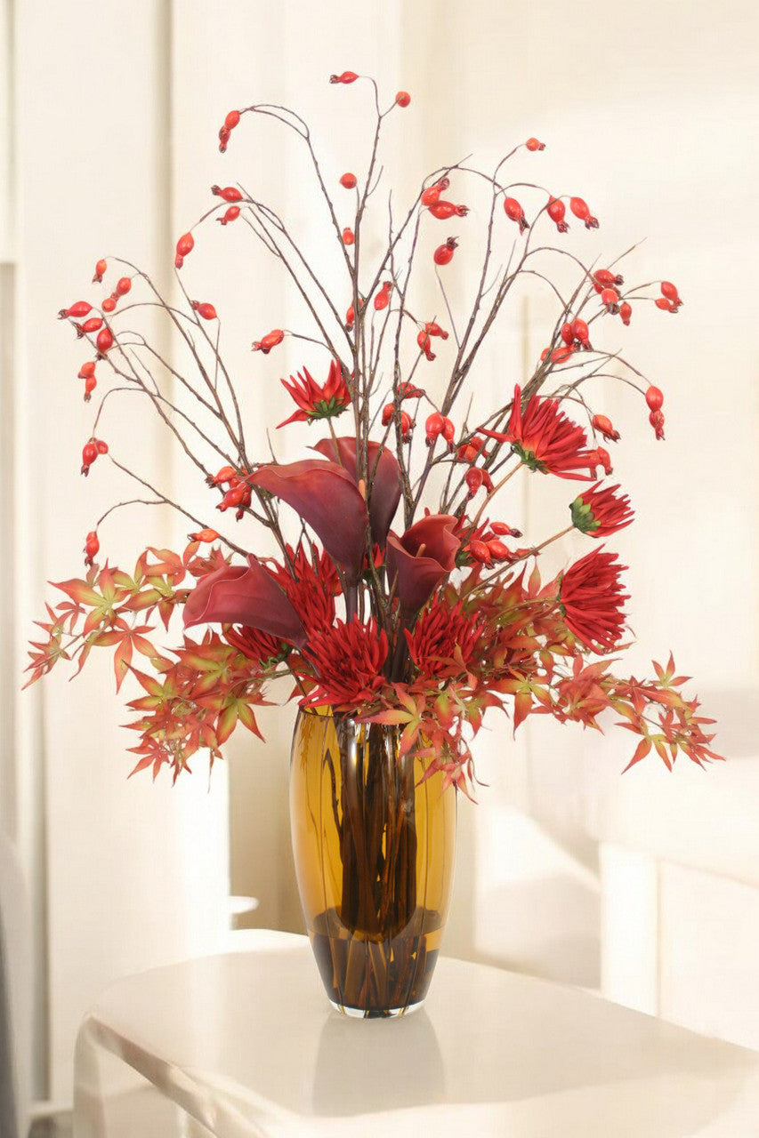 Distinctive Designs Home Decor Fall Mix Of Dahlia, Cally Lilies And Berries In Amber Colored Vase