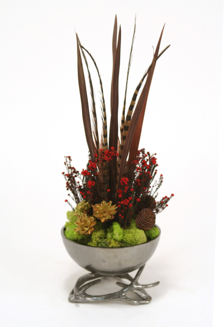 Distinctive Designs Home Decor Feathers, Pods, Plumosum, Phylica And Feathers In Black Nickel Horn Bowl Or Horn Base