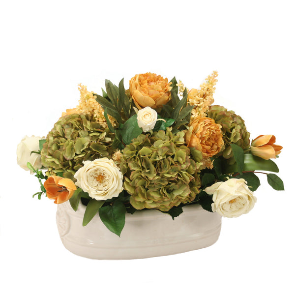 Distinctive Designs Home Decor Green Brown Hydrangea With Gold Hydrangea And Cream Roses In Oval Cream Planter