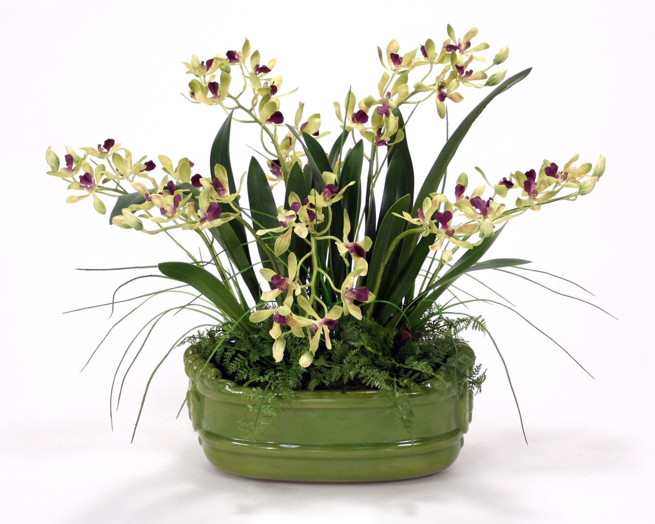 Distinctive Designs Home Decor Green Vanda Orchids With Ferns In A Green Glazed Planter