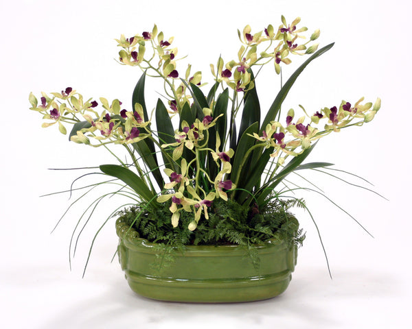 Distinctive Designs Home Decor Green Vanda Orchids With Ferns In A Green Glazed Planter