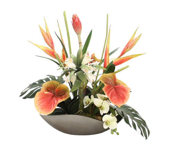 Distinctive Designs Home Decor Heliconia, Orchids And Anthurium In Black Nickel Curved Tray