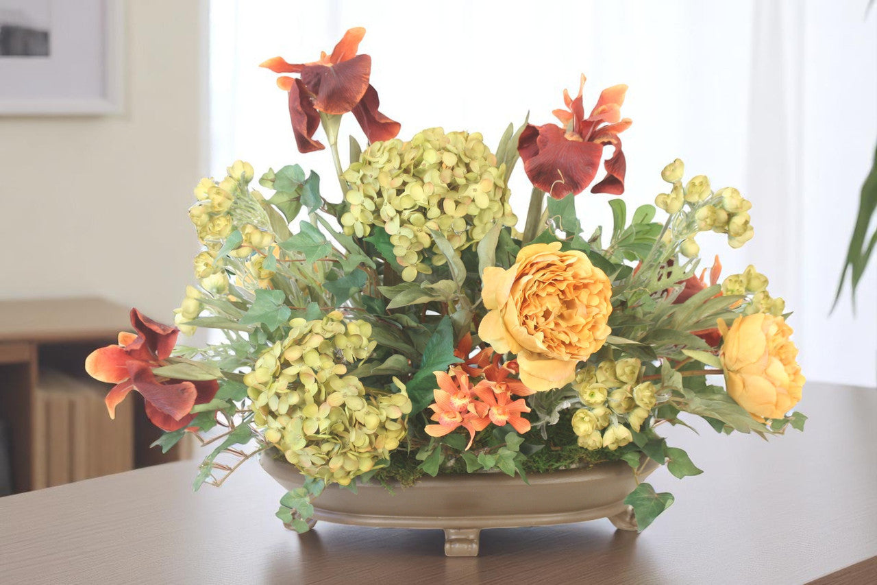 Distinctive Designs Home Decor Iris, Hydrangea, And Peonies In Oval Bowl With Feet