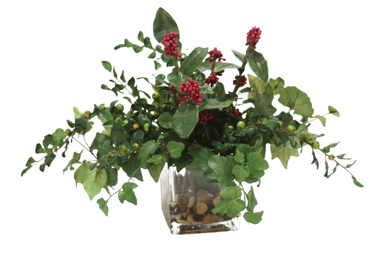Distinctive Designs Home Decor Mixed Greenery, Plum Berries In Glass Cube