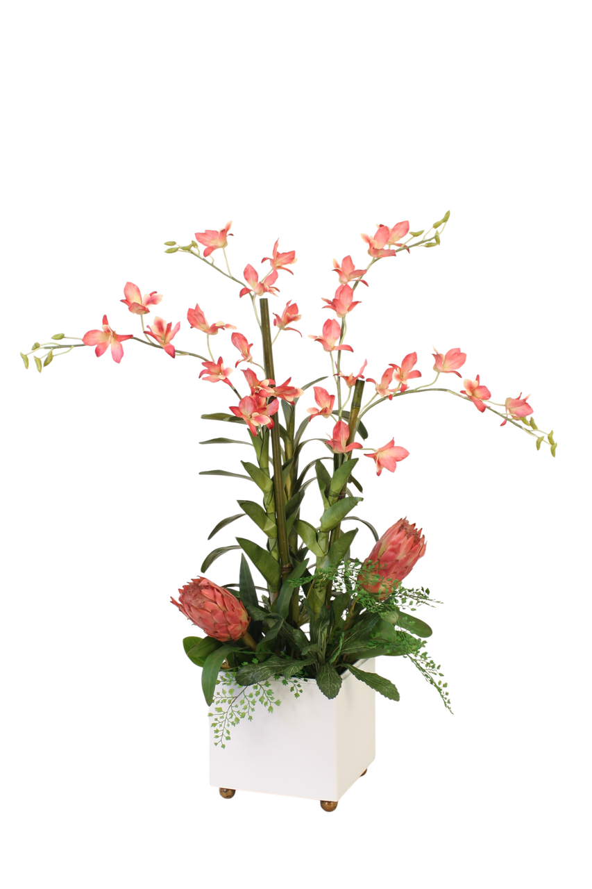 Distinctive Designs Pink Dendrobium Orchids And Protea In White Planter