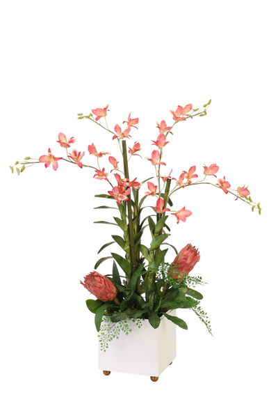 Distinctive Designs Pink Dendrobium Orchids And Protea In White Planter