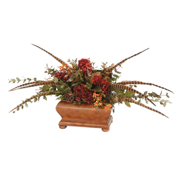 Distinctive Designs Red Dried Hydrangeas With Feathers And Foliage In Brown Wood Chest