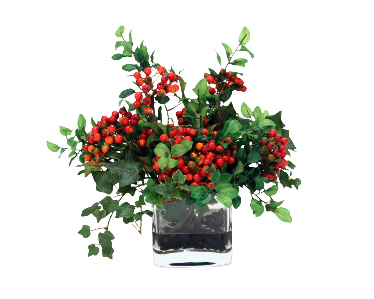 Distinctive Designs Home Decor Red Wild Berries And Mountain Ivy In Square Glass Vase
