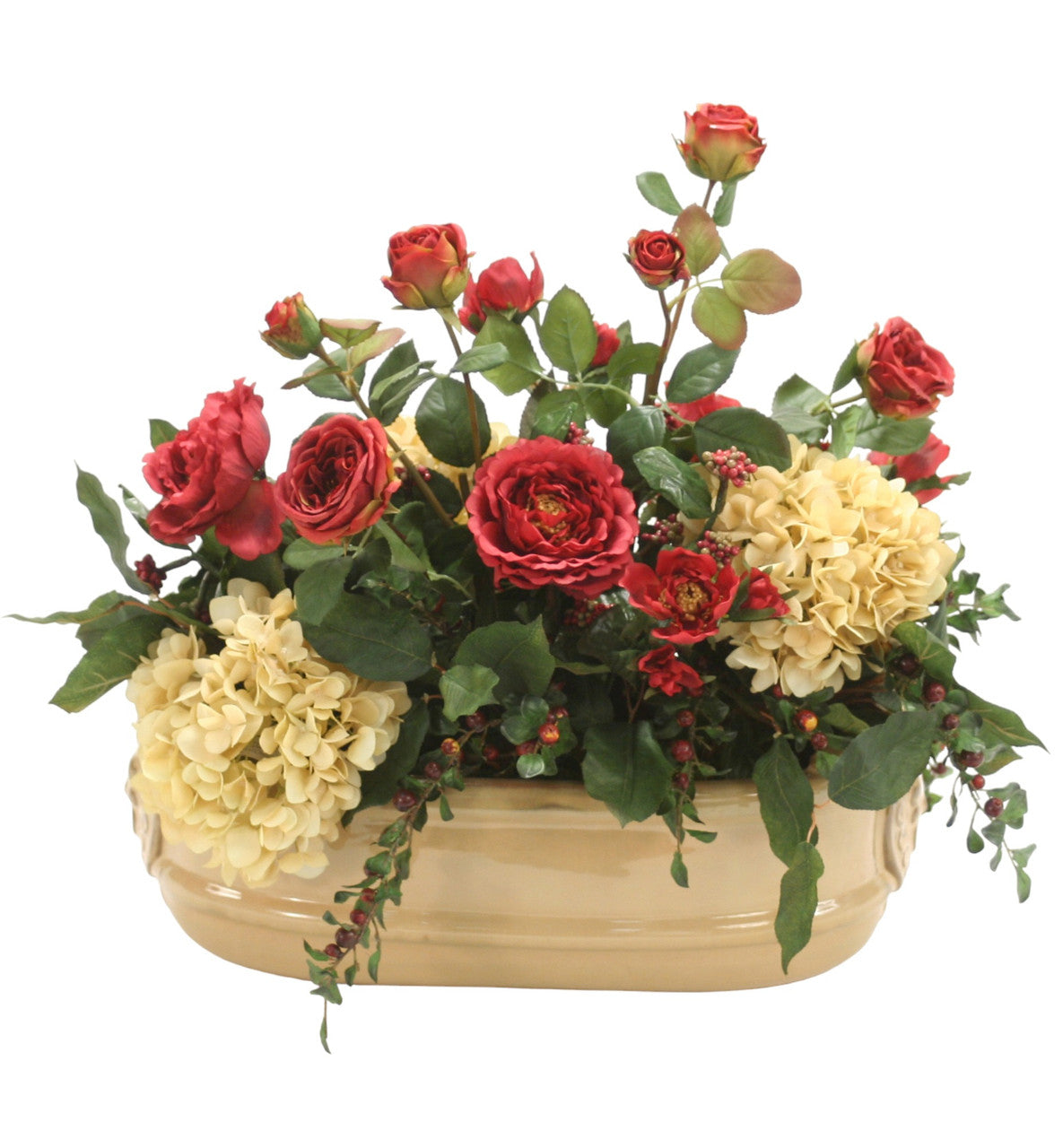 Distinctive Designs Roses, Hydrangeas And Berries In Tan Oval Lion Head Planter