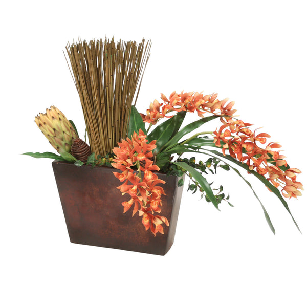 Distinctive Designs Rust Orchid With Protea And Reeds In Metal Wall Hanging