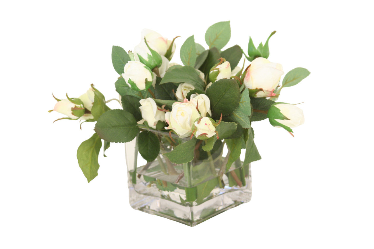 Distinctive Designs Home Decor Waterlook Cream Baby Bud Roses In Square Glass Vase