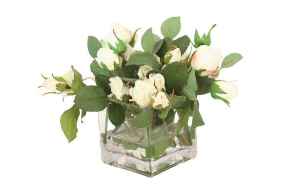 Distinctive Designs Home Decor Waterlook Cream Baby Bud Roses In Square Glass Vase