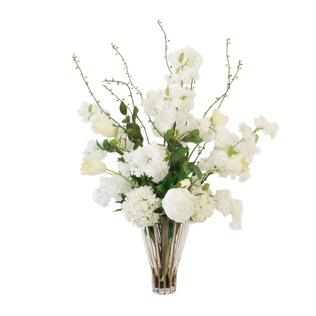 Distinctive Designs Home Decor White Cherry Blossom, Hydrangea And Peony In Clear Vase