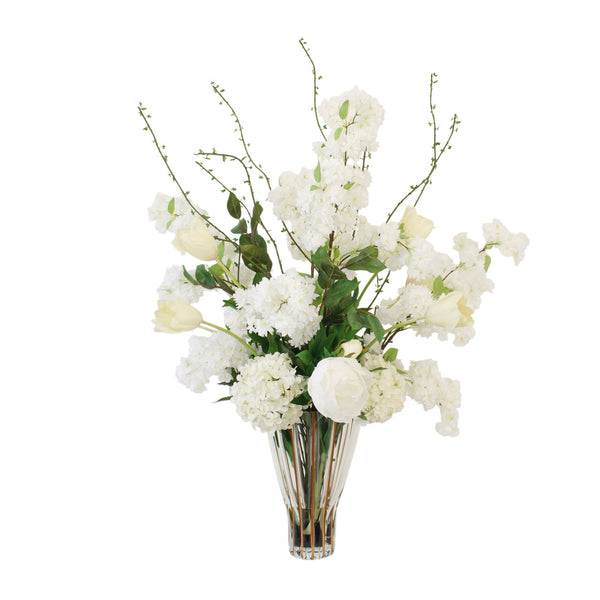 Distinctive Designs Home Decor White Cherry Blossom, Hydrangea And Peony In Clear Vase