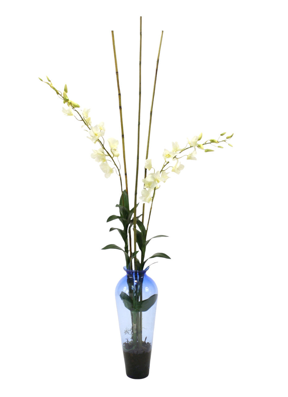 Distinctive Designs Home Decor White Dendrobium Orchid With Bamboo In Blue Victorian Glass Vase