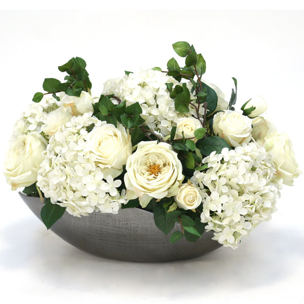 Distinctive Designs White Hydrangeas With Roses In Cosmic Bowl
