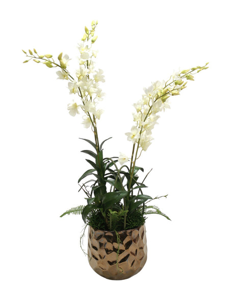 Distinctive Designs White Orchids And Greenery Mix In Burnt Gold Gabi Planter