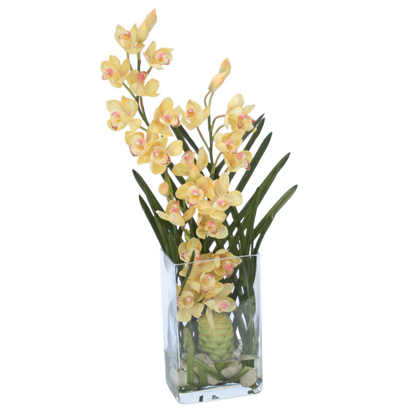 Distinctive Designs Home Decor Yellow Cymbidium Orchids With Honeycomb In Tall Glass Rectangle
