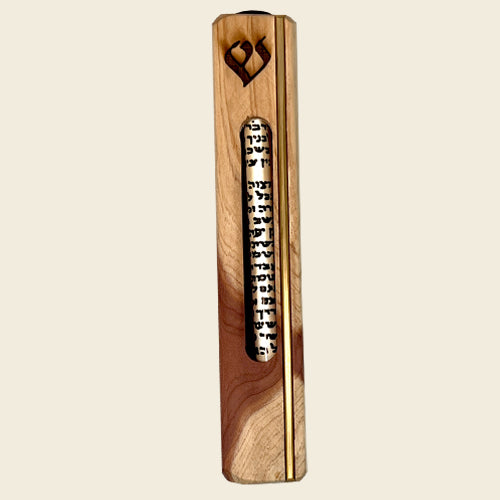 Gary Rosenthal Judaica Large Wood Mezuzah With Brass Inlay And Scroll Window