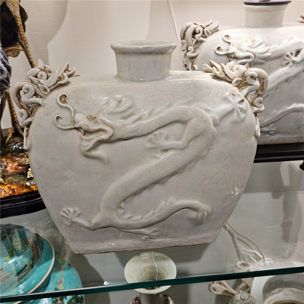 Danny's Fine Porcelain Dragon Vase Celadon Glaze Surface with Sculptural Handles