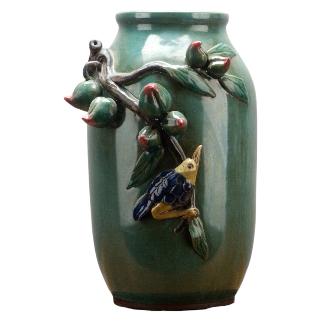 Danny's Fine Porcelain Green Majolica Vase W/ Bird