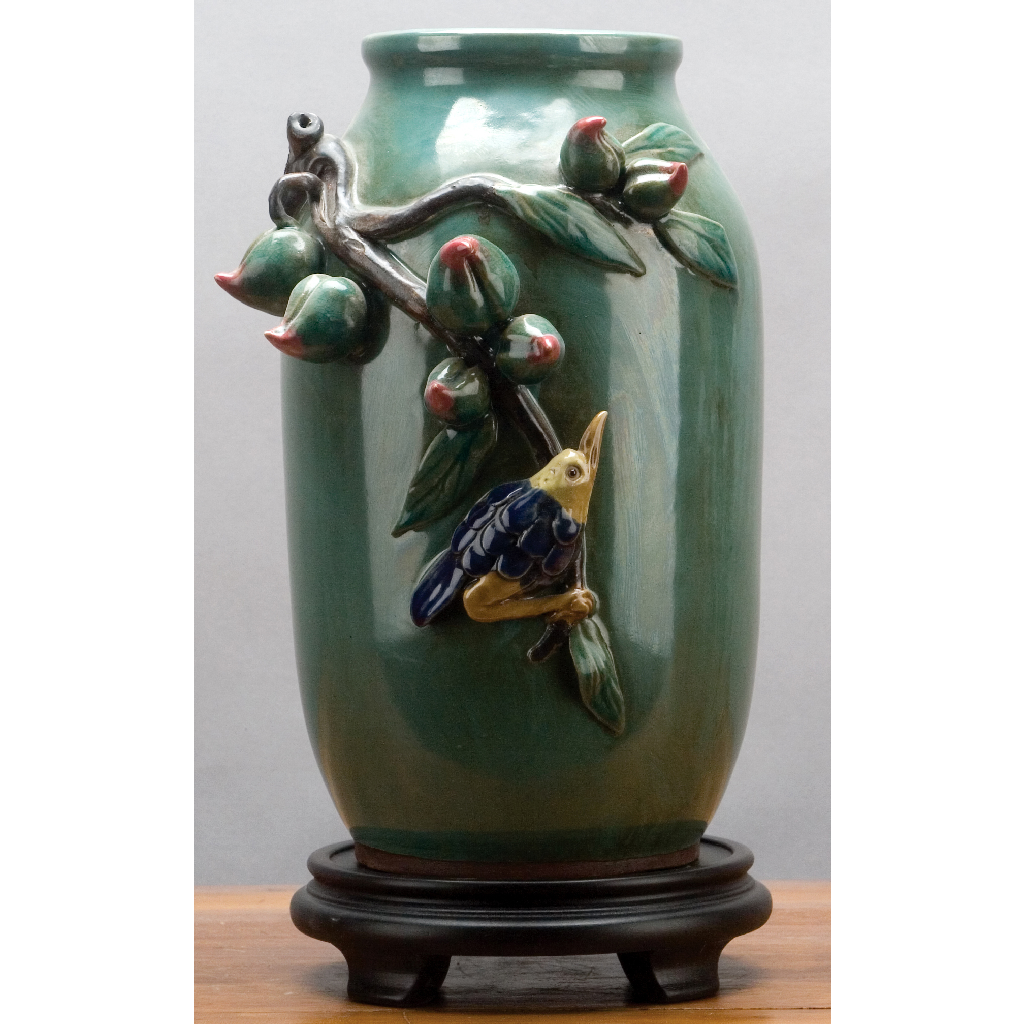 Danny's Fine Porcelain Green Majolica Vase W/ Bird
