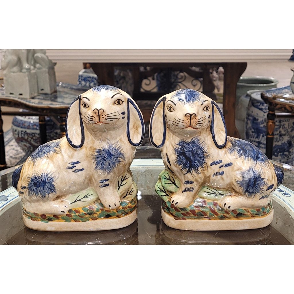 Danny's Fine Porcelain Small Staffordshire Bunny Hares- Blue - Pair