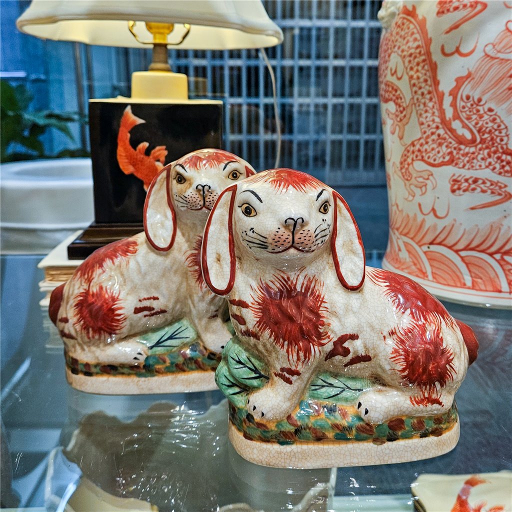 Danny's Fine Porcelain Small Staffordshire Bunny Hares- Rust Orange - Pair