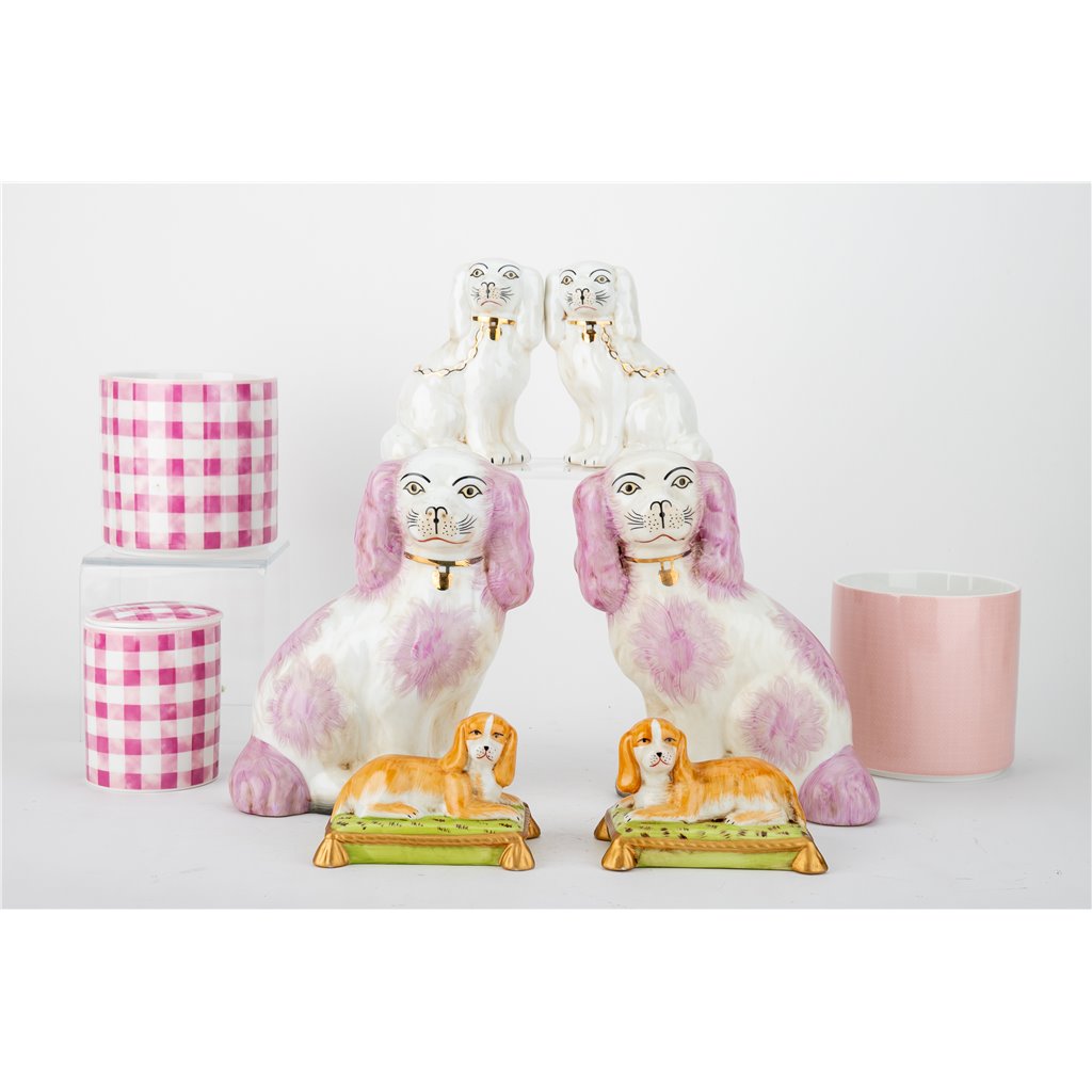 Danny's Fine Porcelain Pink Dog W/ Chain-Pair