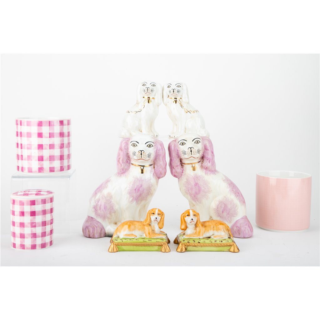 Danny's Fine Porcelain Pink Dog W/ Chain-Pair