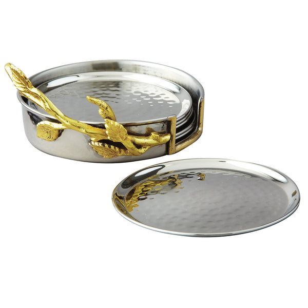 Leeber Serveware Golden Vine Hammered 7-Pc Coaster Set, 4" Dia