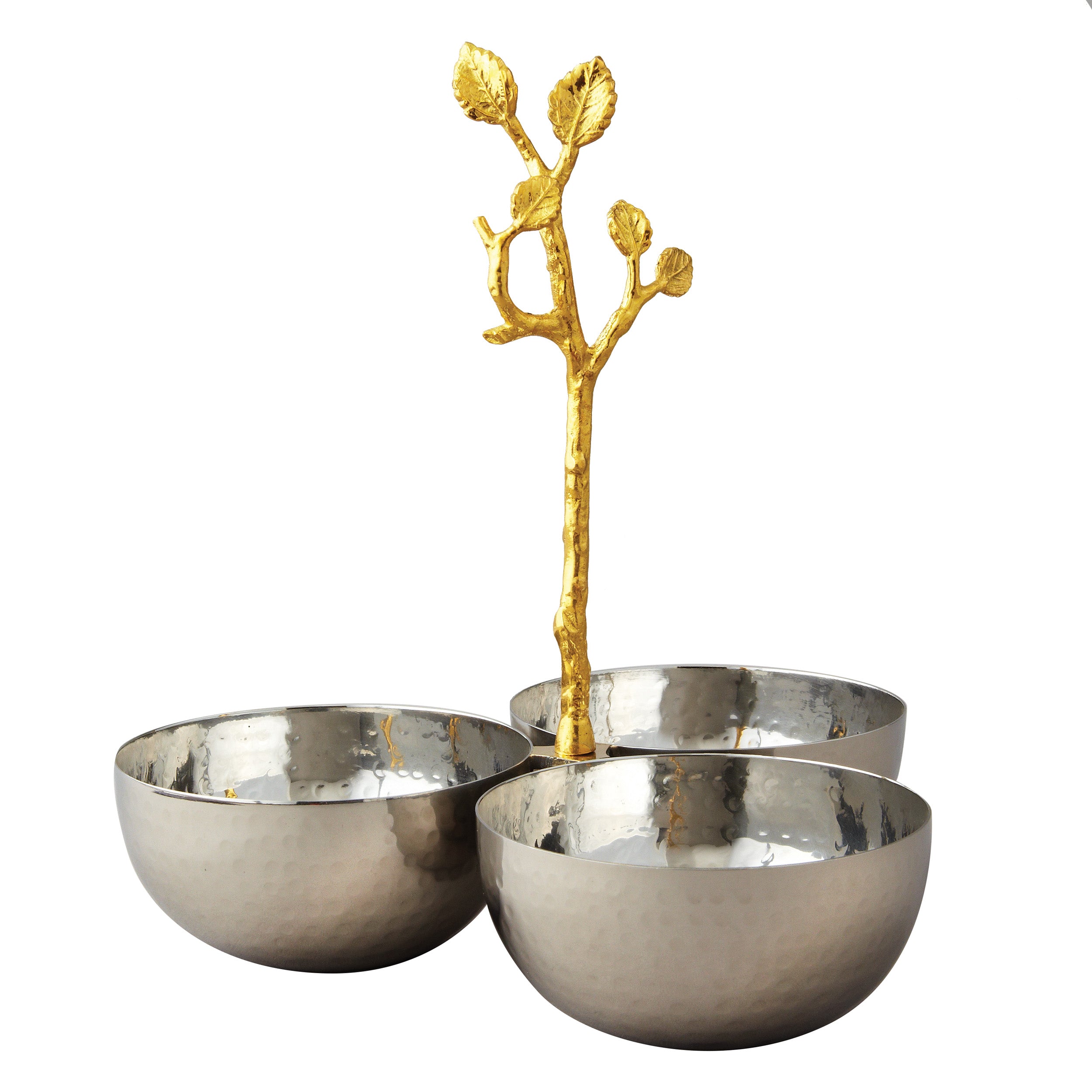 Leeber Serveware Golden Vine Hammered Triple Bowl, 8.25" x 8.25"