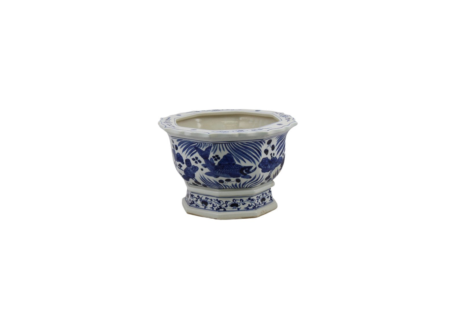 Legend of Asia Home Decor Barclay Butera Couture Blue and White Porcelain Hexagonal Foot Bath Koi Motif