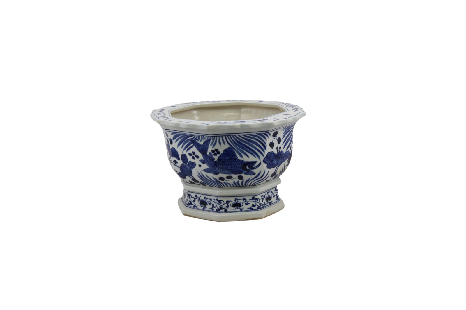 Legend of Asia Home Decor Barclay Butera Couture Blue and White Porcelain Hexagonal Foot Bath Koi Motif