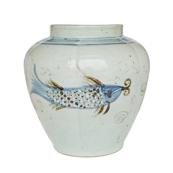 Legend of Asia Home Decor Barclay Butera Couture Blue & White Porcelain Fluted Open Top Jar Spalshing Koi