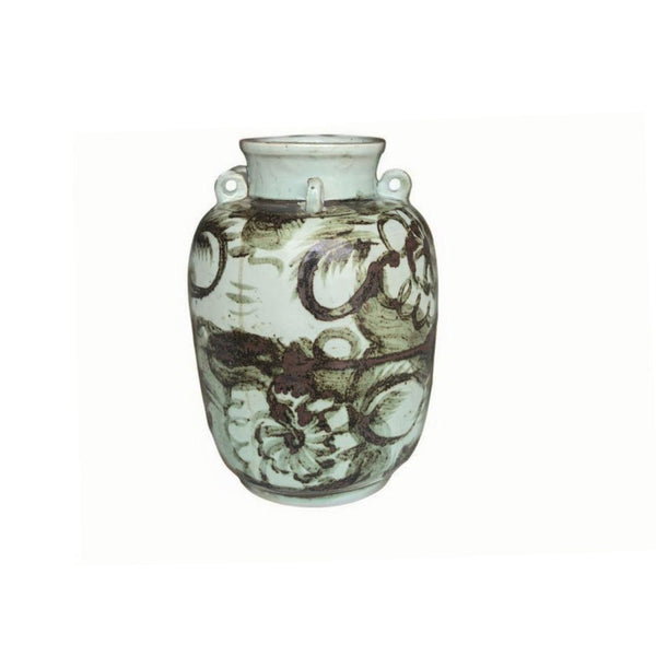 Legend of Asia Home Decor Barclay Butera Couture Rustic Brown & White Porcelain Ear Loop Jar Silla Flower
