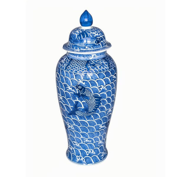Legend of Asia Home Decor Blue & White Bohai Fish Mortif Porcelain Temple Jar XL