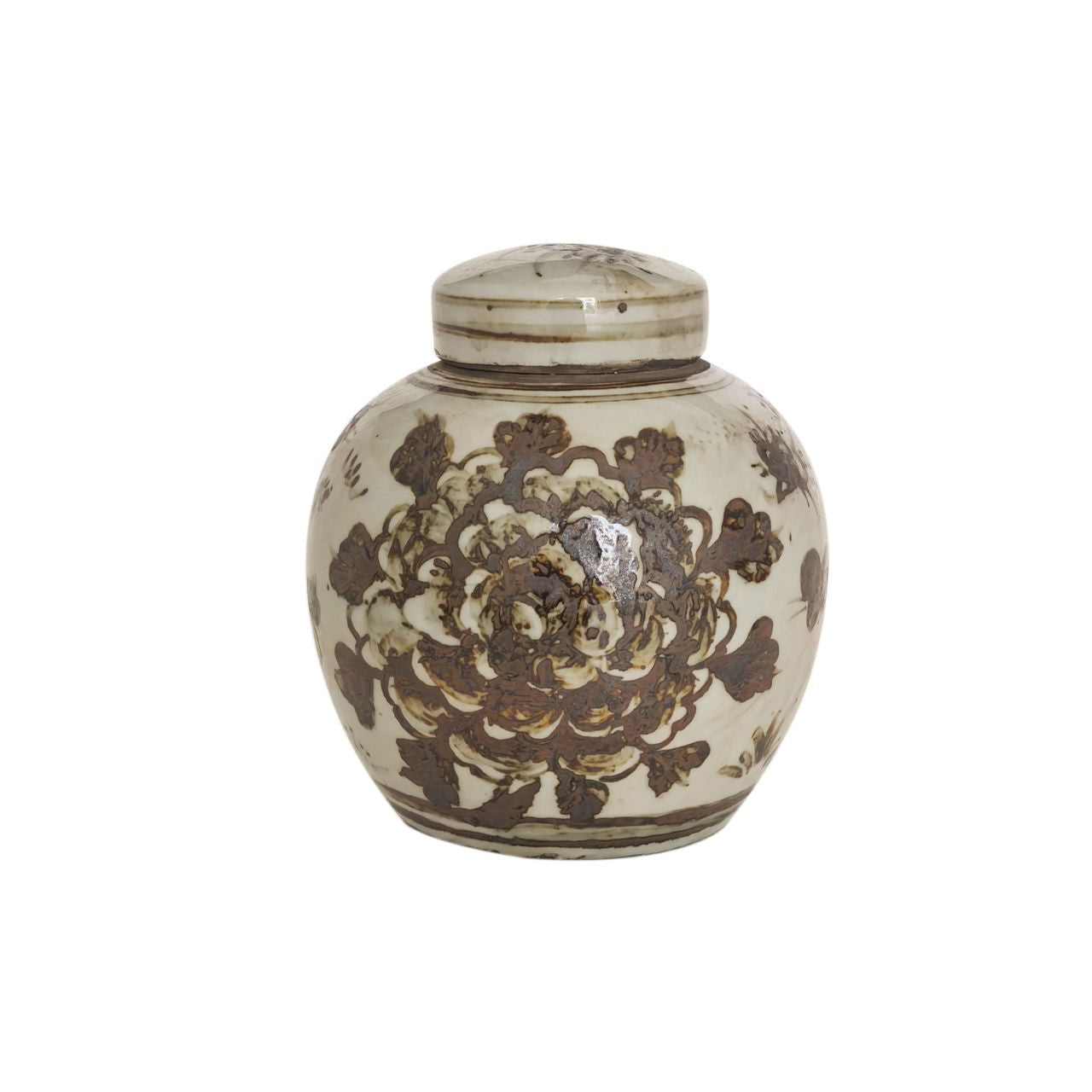 Legend of Asia Home Decor Brown & White Porcelain.. Mini Jar Peony Motif