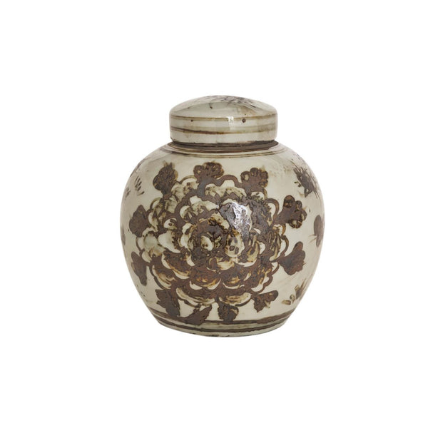 Legend of Asia Home Decor Brown & White Porcelain.. Mini Jar Peony Motif