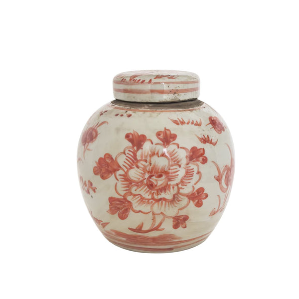 Legend of Asia Home Decor Coral Red & White Porcelain Mini Jar Peony Motif